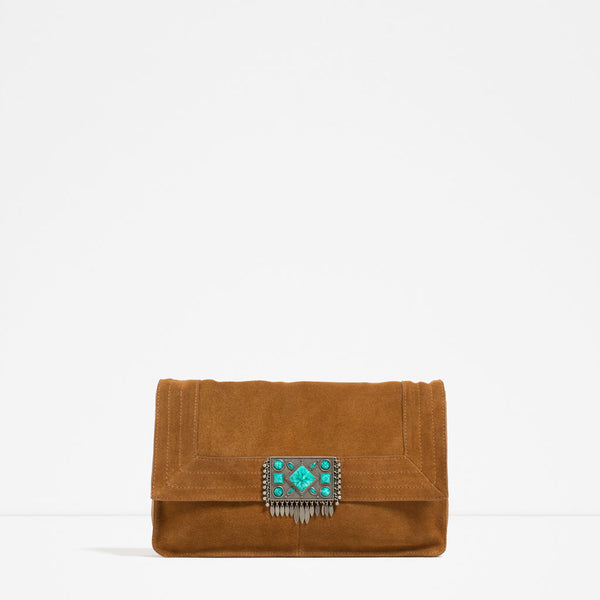 LEATHER CROSS BODY BAG WITH STONE DETAIL CLOSURE