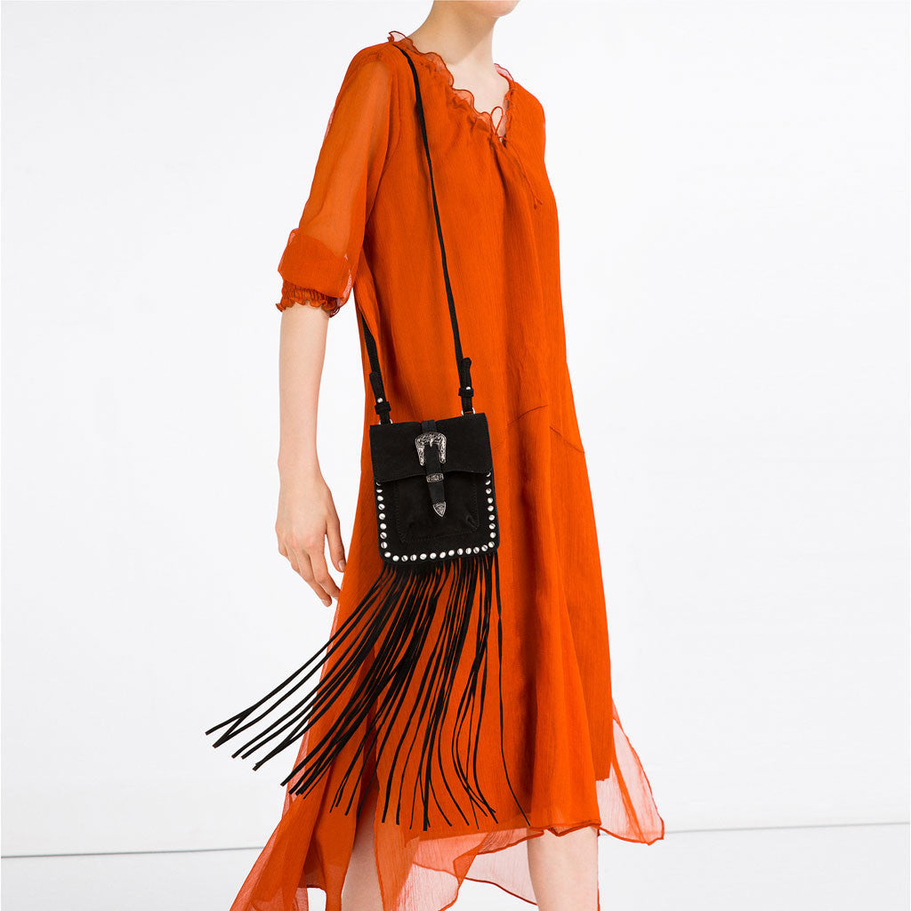 FRINGED SPLIT SUEDE CROSS-BODY BAG