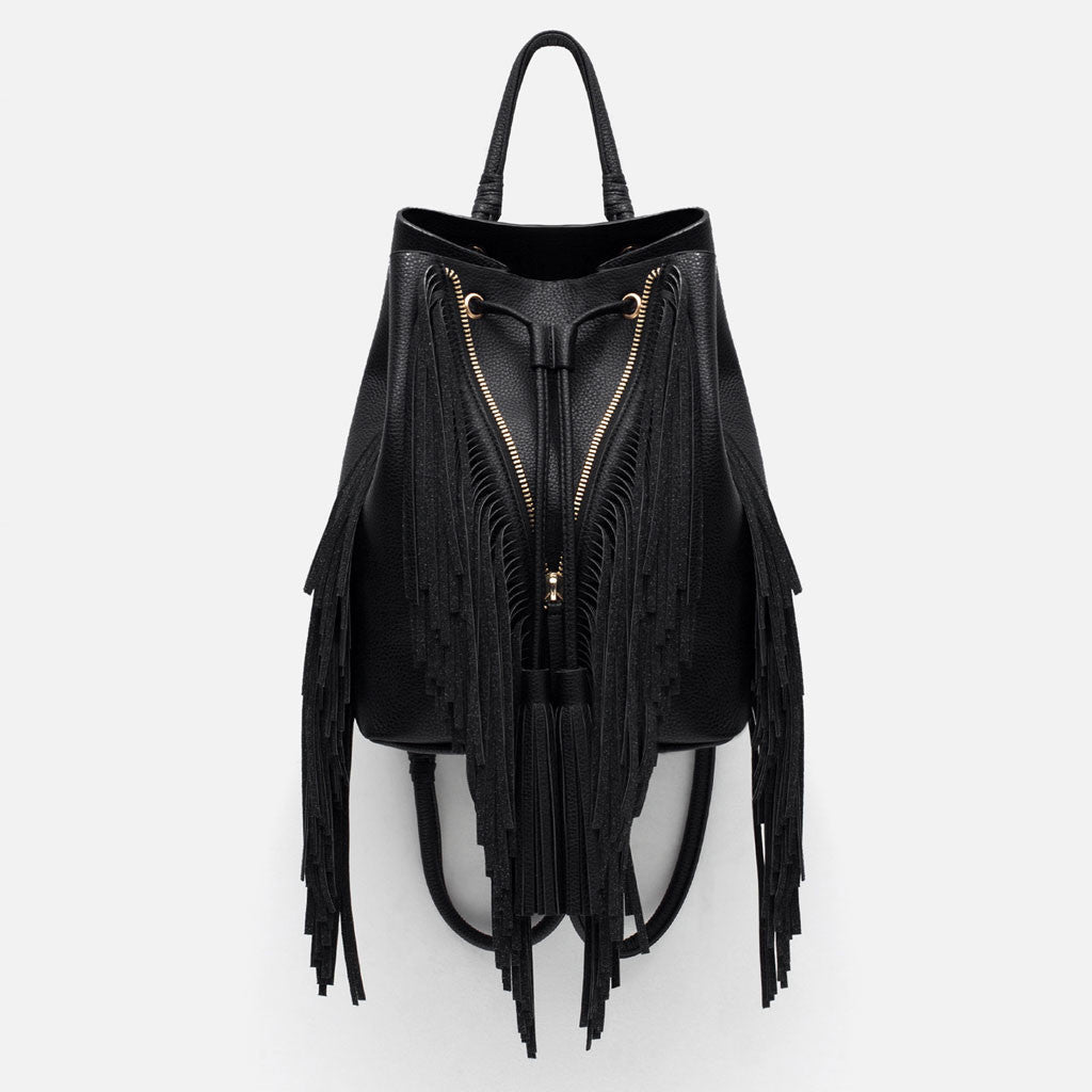 FRINGED BUCKET-STYLE BACKPACK