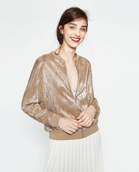 FINE PLEATED METALLIC BOMBER JACKET