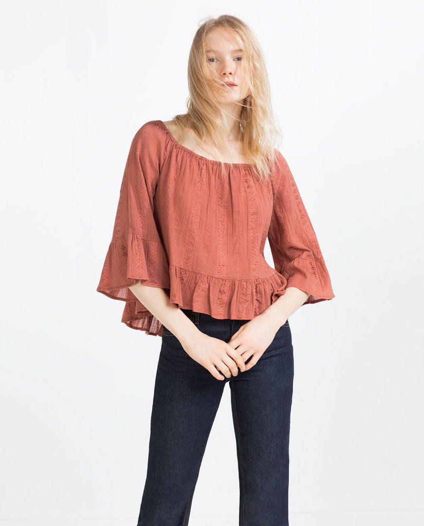 FRILLED SLEEVE JACQUARD TOP